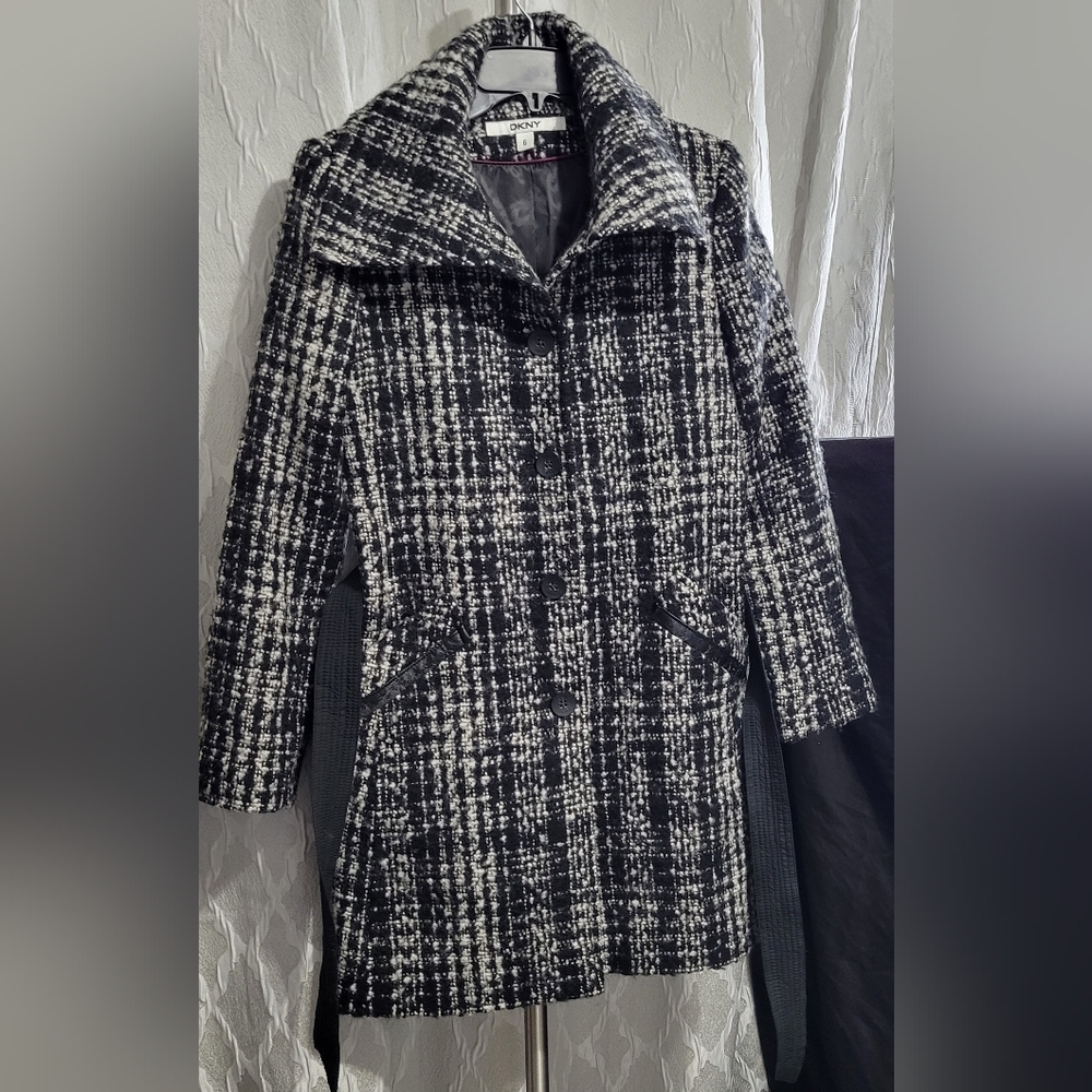 DKNY | Black and White Tweed or Bouclé Coat | Size 6